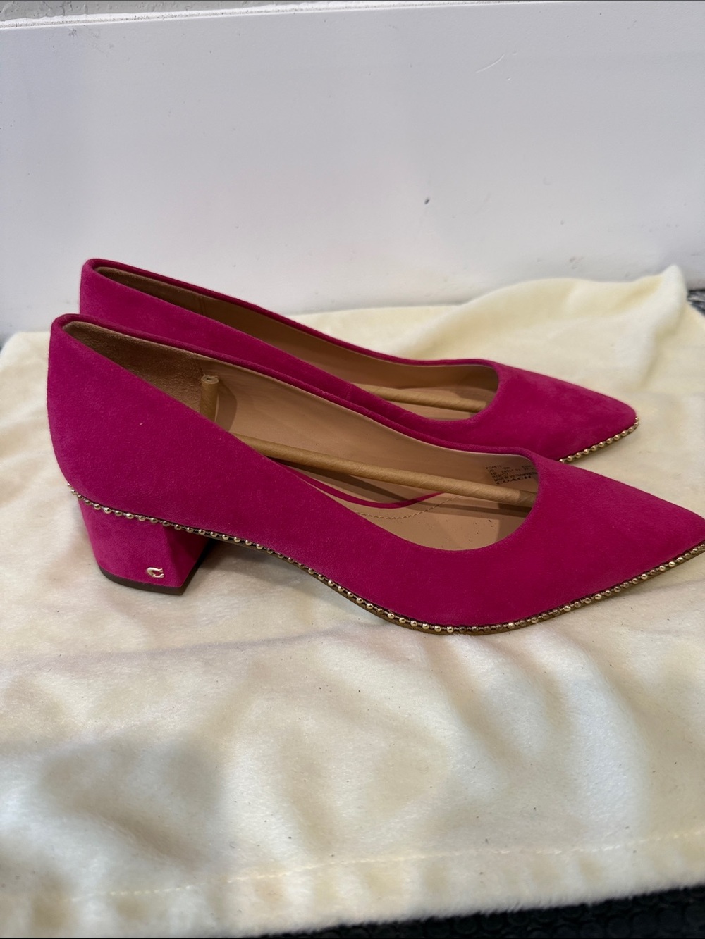 Coach Hot Pink Suede Pointed Toe Low Block Heel Pumps